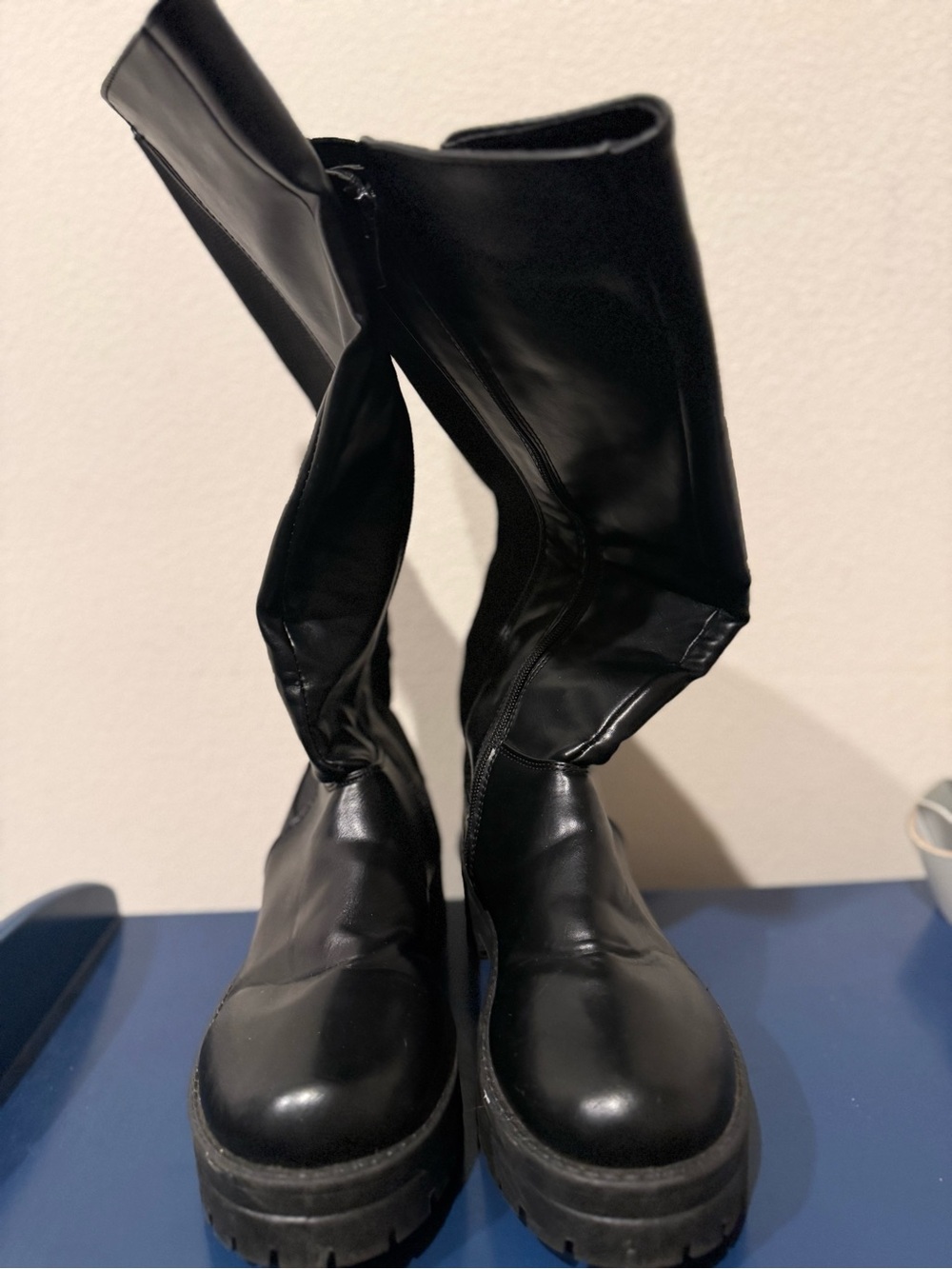 Dolce Vita Chunky Black Knee-High Faux Leather Platform Boots Festival Raves